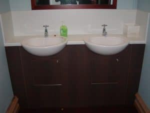 A custom double vanity in a bathroom