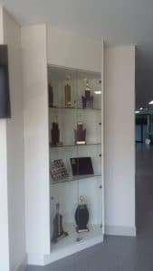 A custom built in trophy cabinet in an office
